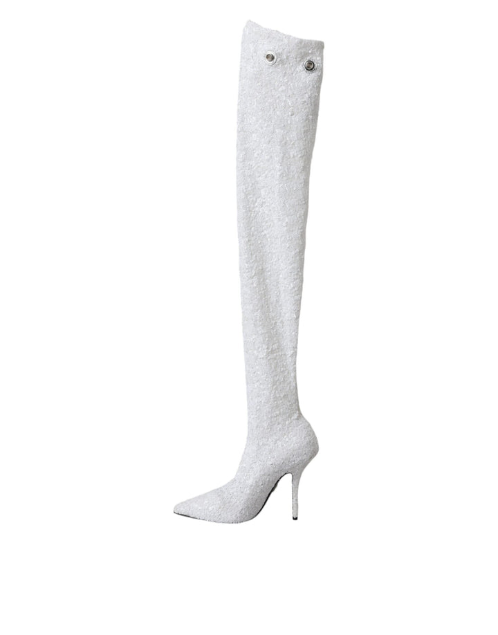 Women’s Dolce &amp; Gabbana White Heels Stiletto Knee High Boots Shoes