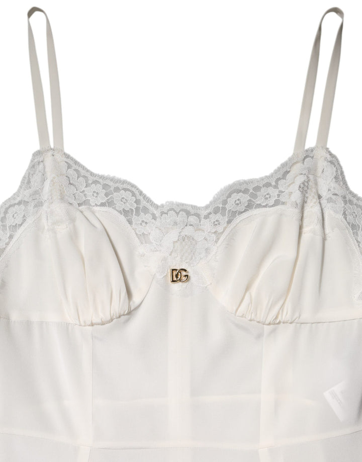 Dolce &amp; Gabbana White Lace DG Logo Silk Dress Sleepwear