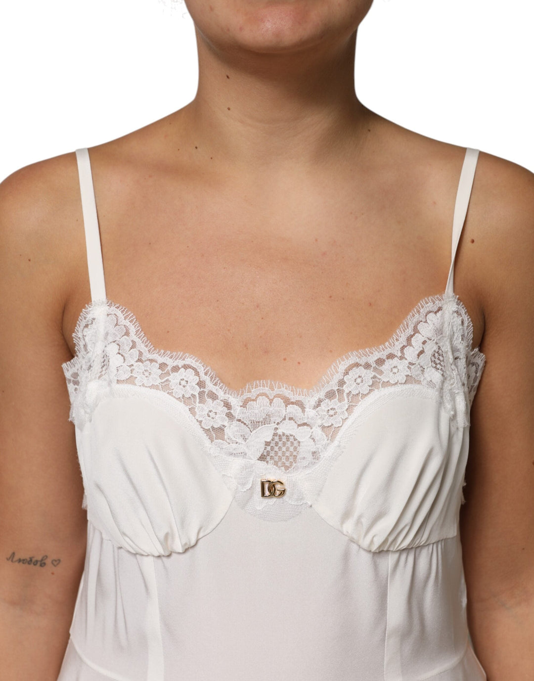 Women’s Dolce &amp; Gabbana White Lace Gold Dg Logo Silk Dress Sleepwear