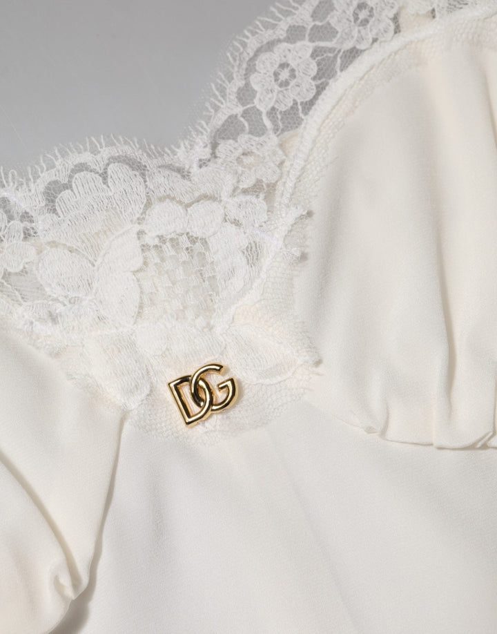 Dolce &amp; Gabbana White Lace Gold DG Logo Silk Dress Sleepwear