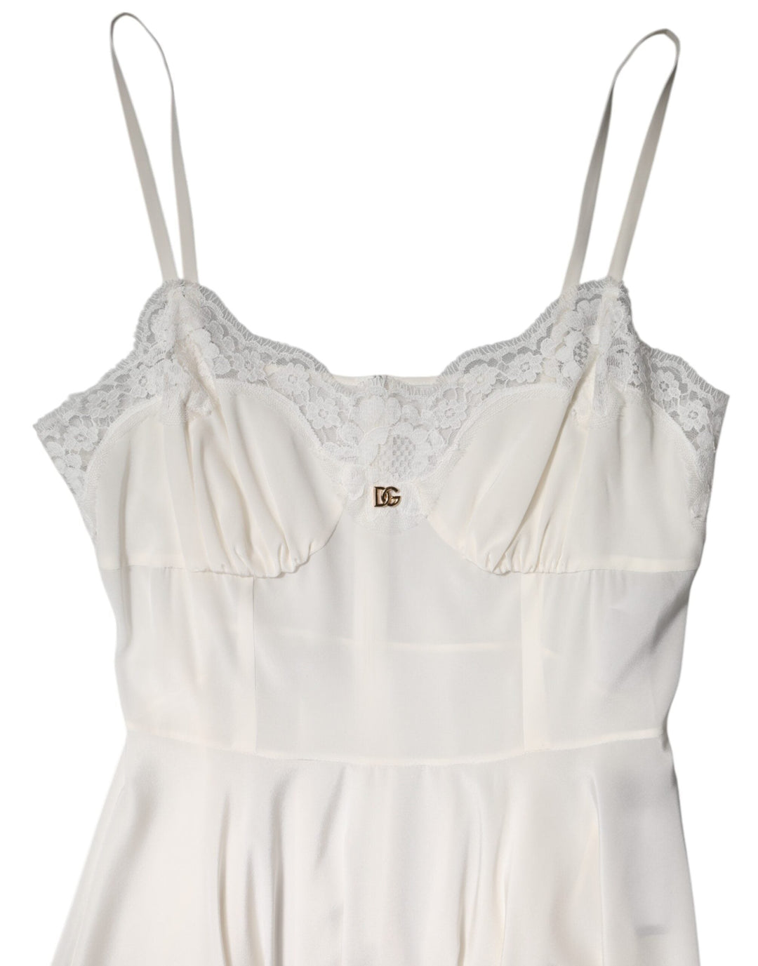 Women’s Dolce &amp; Gabbana White Lace Gold Dg Logo Silk Dress Sleepwear