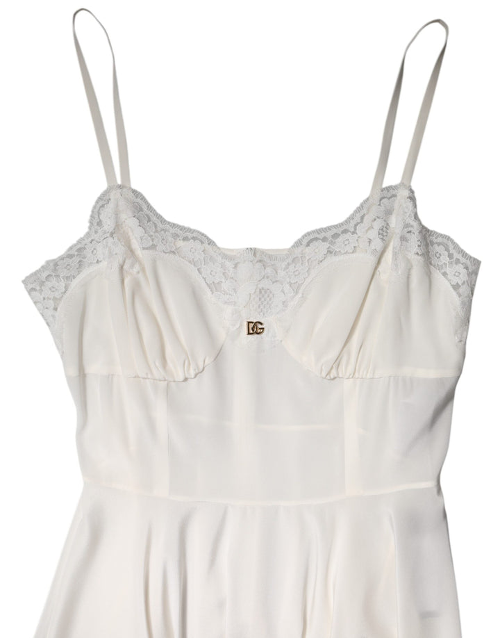 Women’s Dolce &amp; Gabbana White Lace Gold Dg Logo Silk Dress Sleepwear
