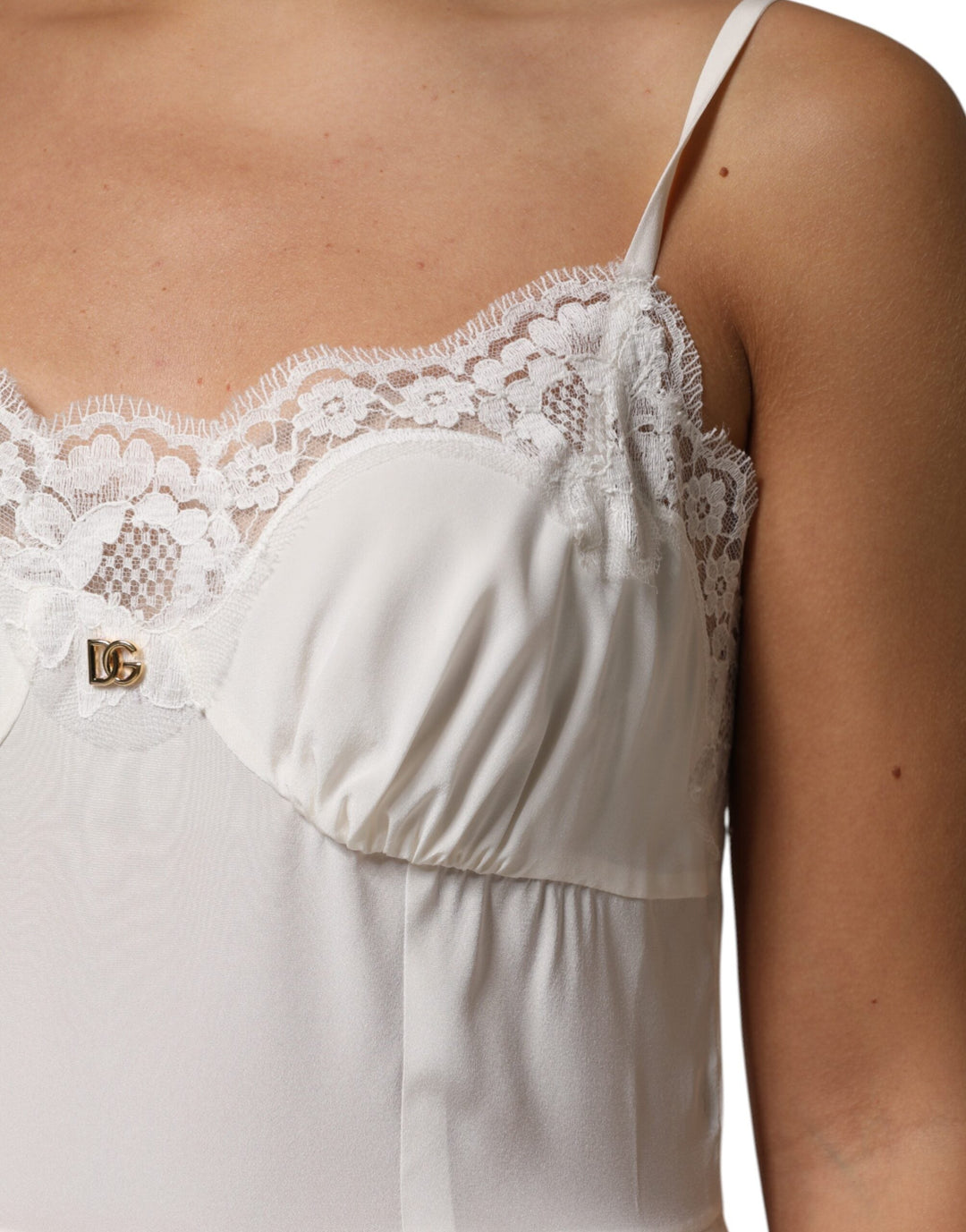 Women’s Dolce &amp; Gabbana White Lace Gold Dg Logo Silk Dress Sleepwear