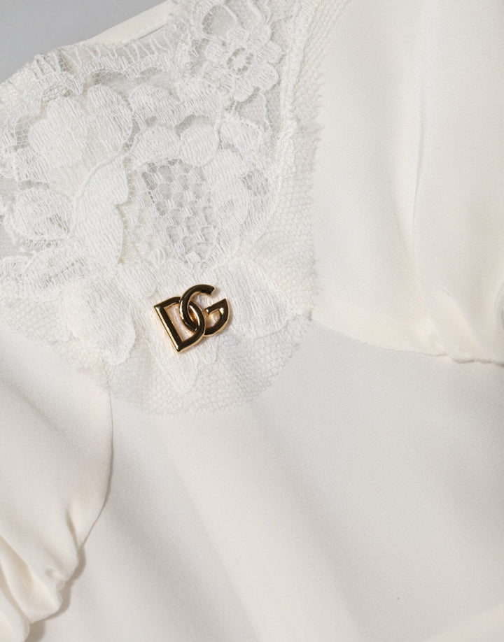 Women’s Dolce &amp; Gabbana White Lace Gold Dg Logo Silk Dress Sleepwear