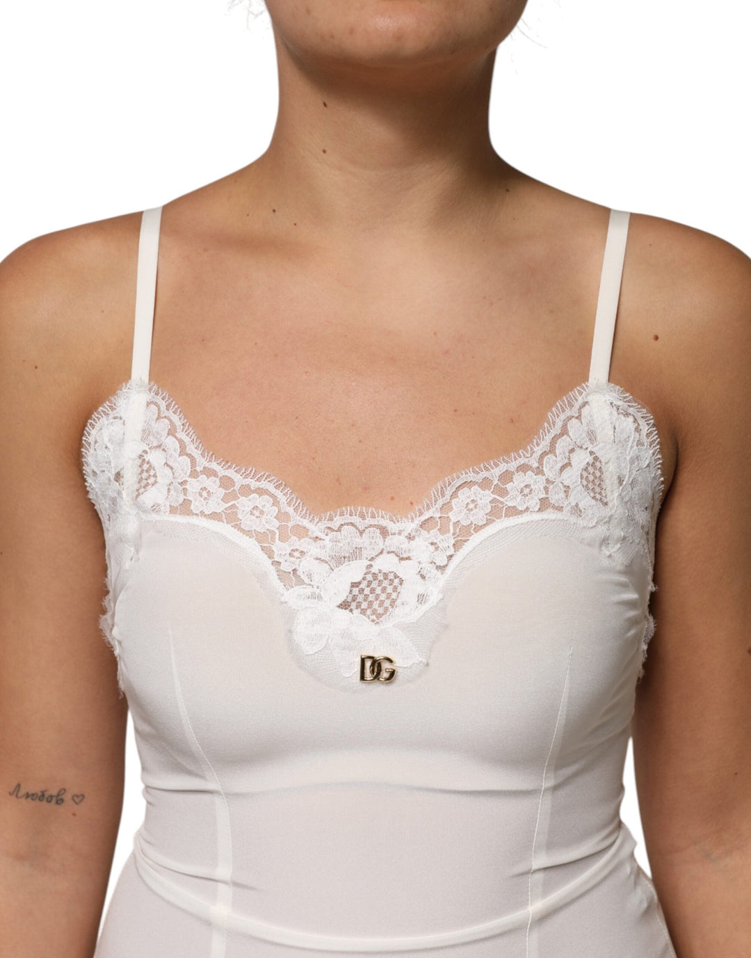 Women’s Dolce &amp; Gabbana White Lace Gold Dg Logo Silk Dress Sleepwear