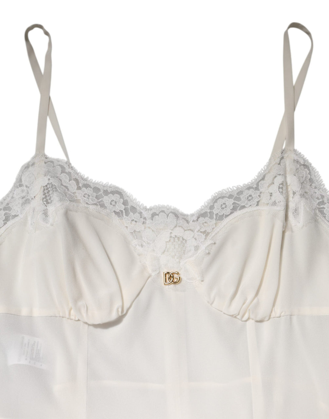 Dolce &amp; Gabbana White Lace Gold DG Logo Silk Dress Sleepwear