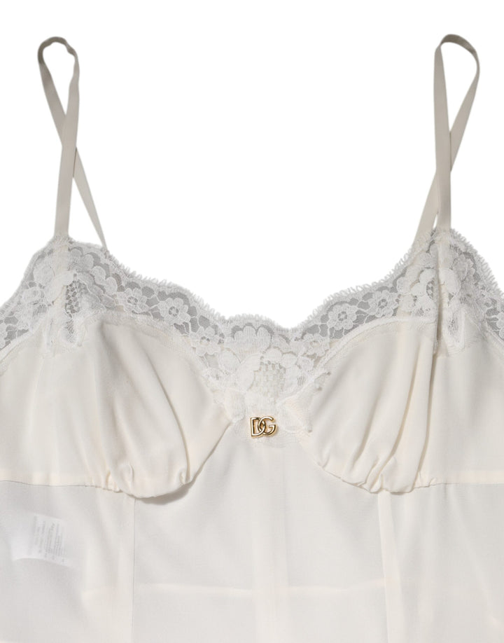 Dolce &amp; Gabbana White Lace Gold DG Logo Silk Dress Sleepwear