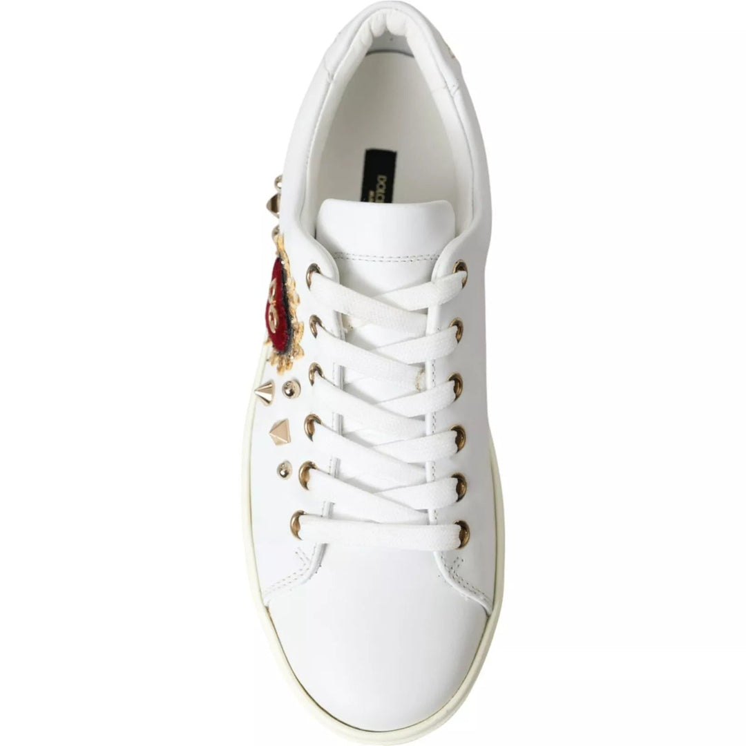 Dolce &amp; Gabbana White Leather Gold Red Heart Sneakers Shoes