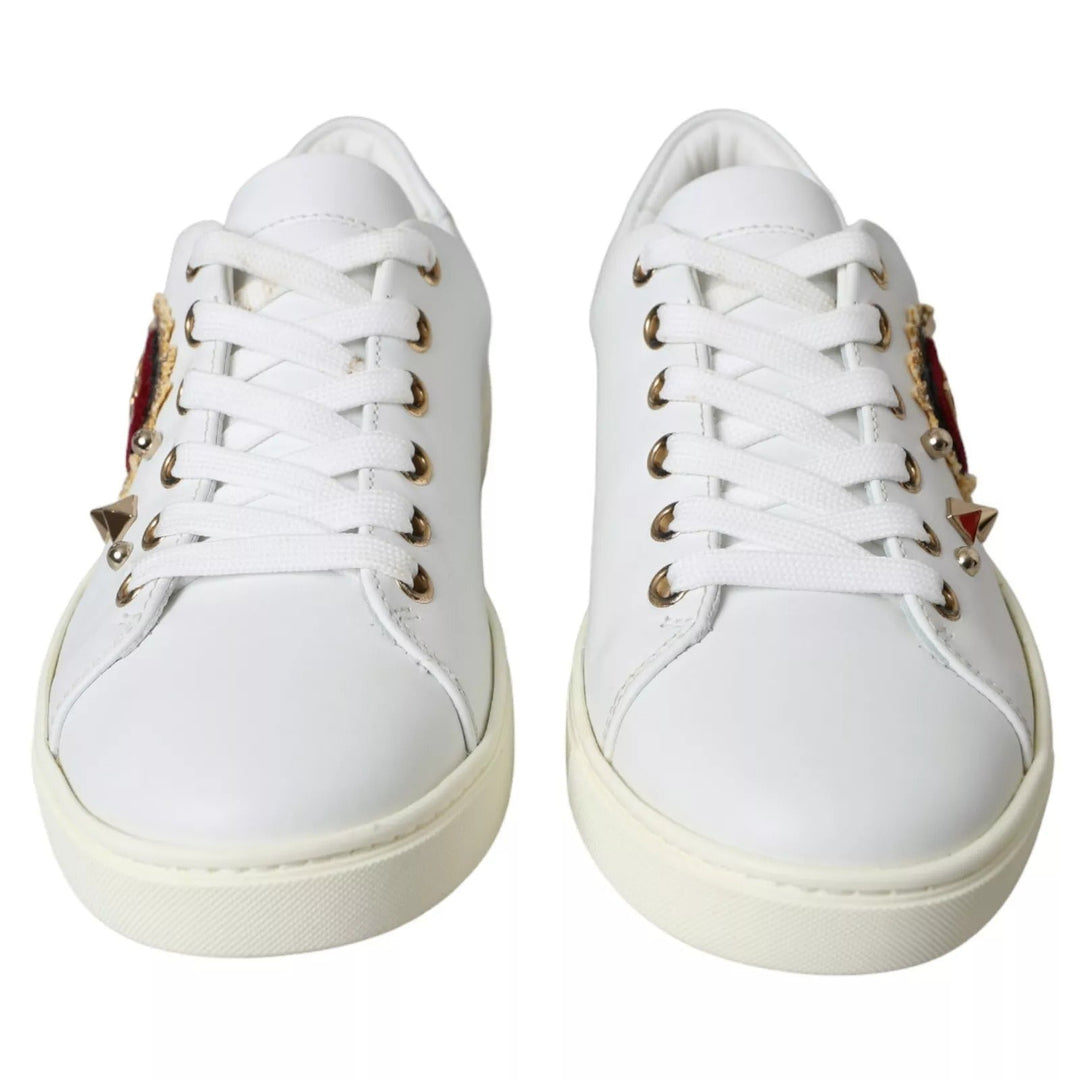Dolce &amp; Gabbana White Leather Gold Red Heart Sneakers Shoes