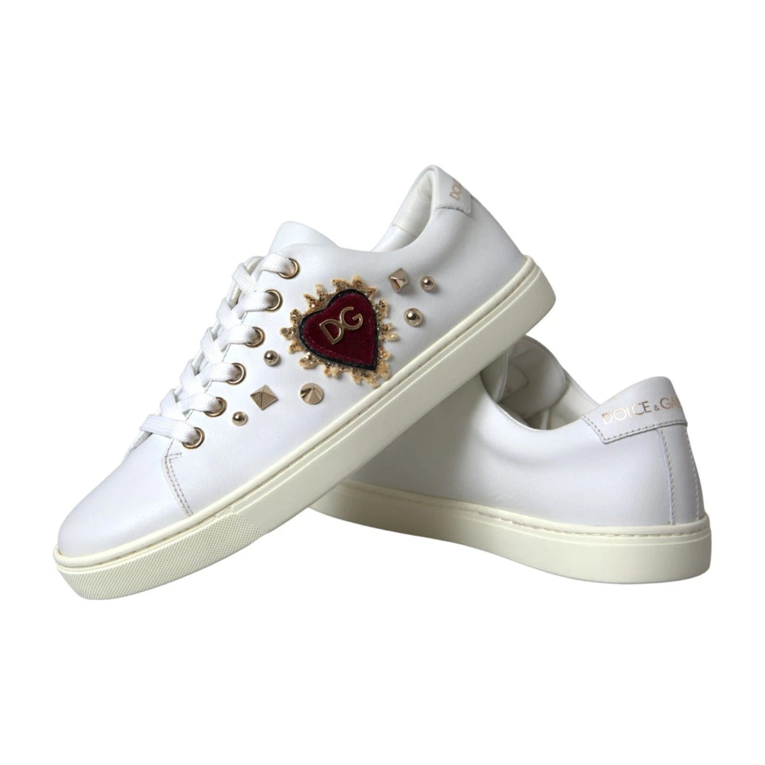 Dolce &amp; Gabbana White Leather Gold Red Heart Sneakers Shoes