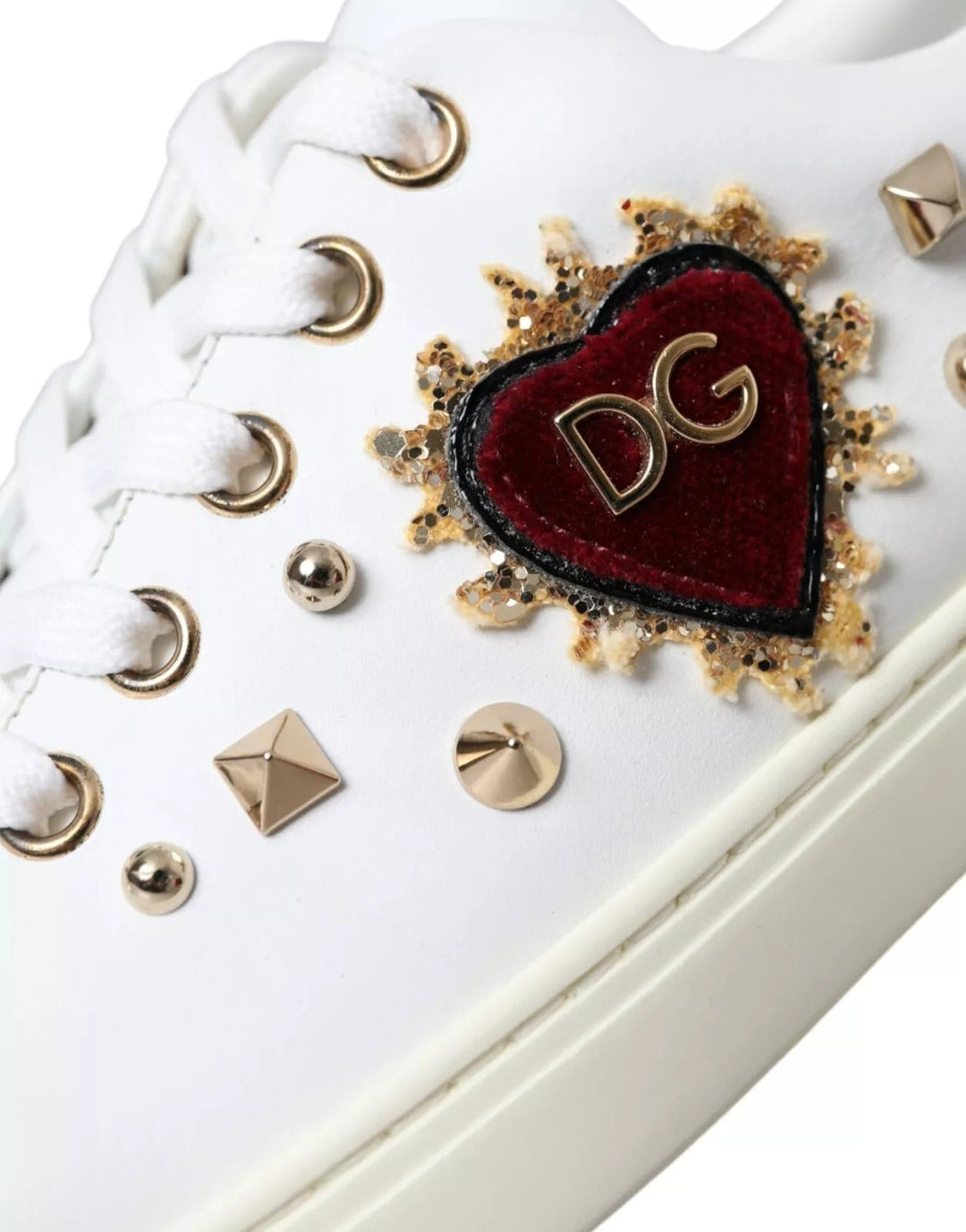 Dolce &amp; Gabbana White Leather Gold Red Heart Sneakers Shoes