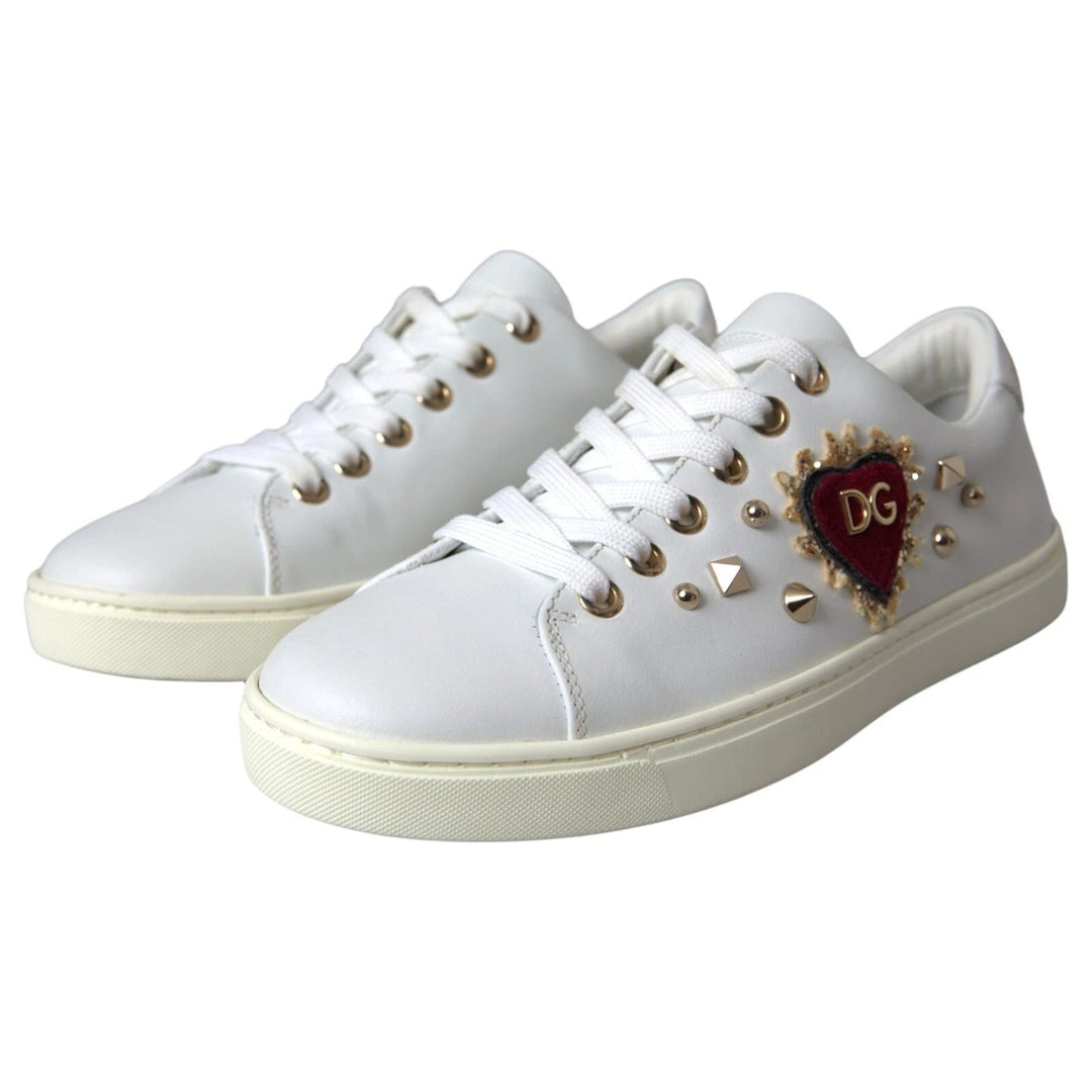 Dolce &amp; Gabbana White Leather Gold Red Heart Sneakers Shoes