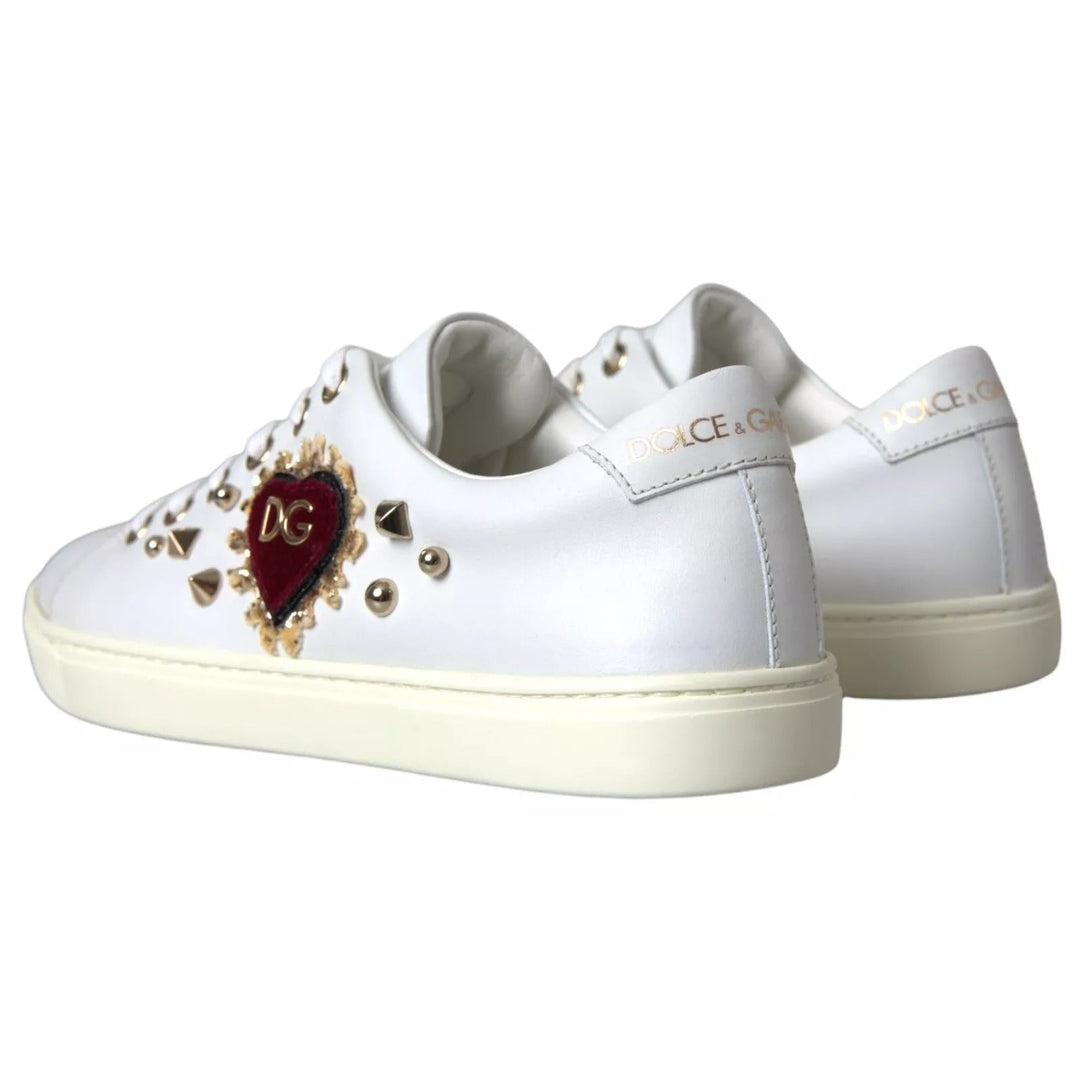 Dolce &amp; Gabbana White Leather Gold Red Heart Sneakers Shoes