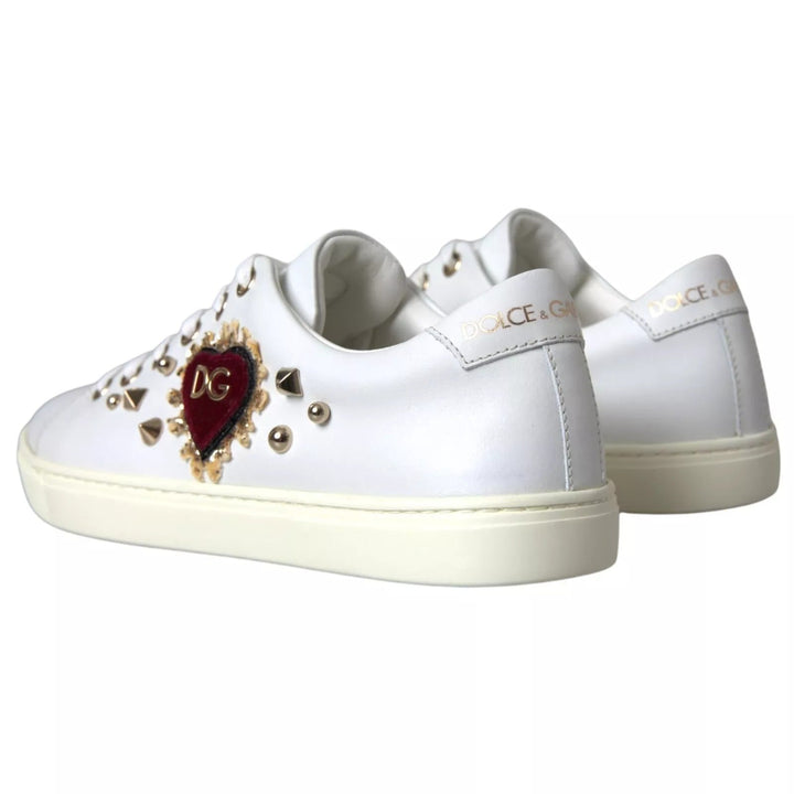 Dolce &amp; Gabbana White Leather Gold Red Heart Sneakers Shoes