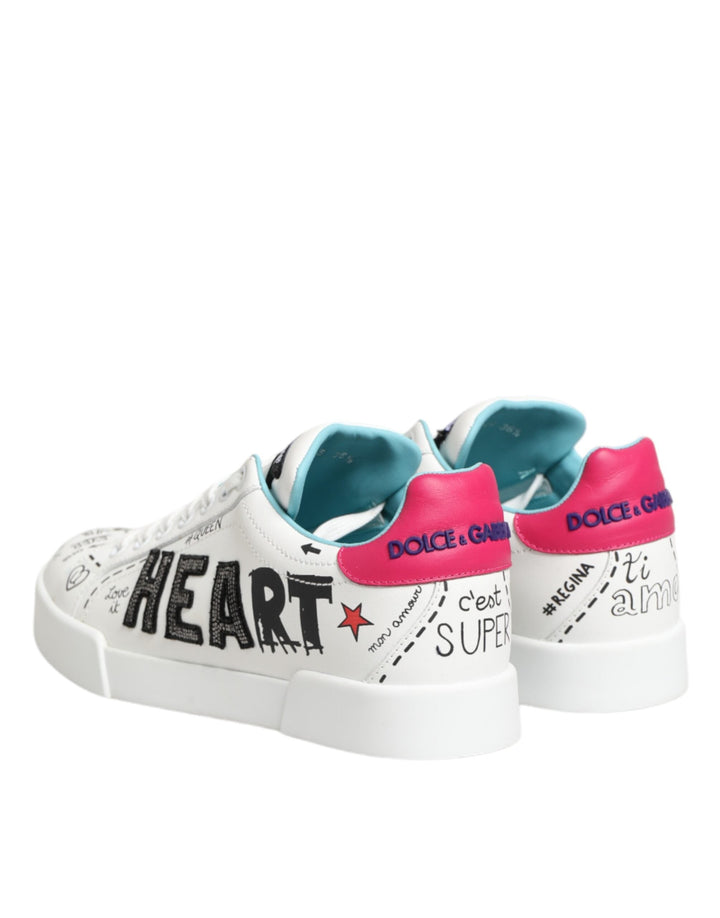 Dolce &amp; Gabbana White Leather Graffiti Low Top Sneakers Shoes