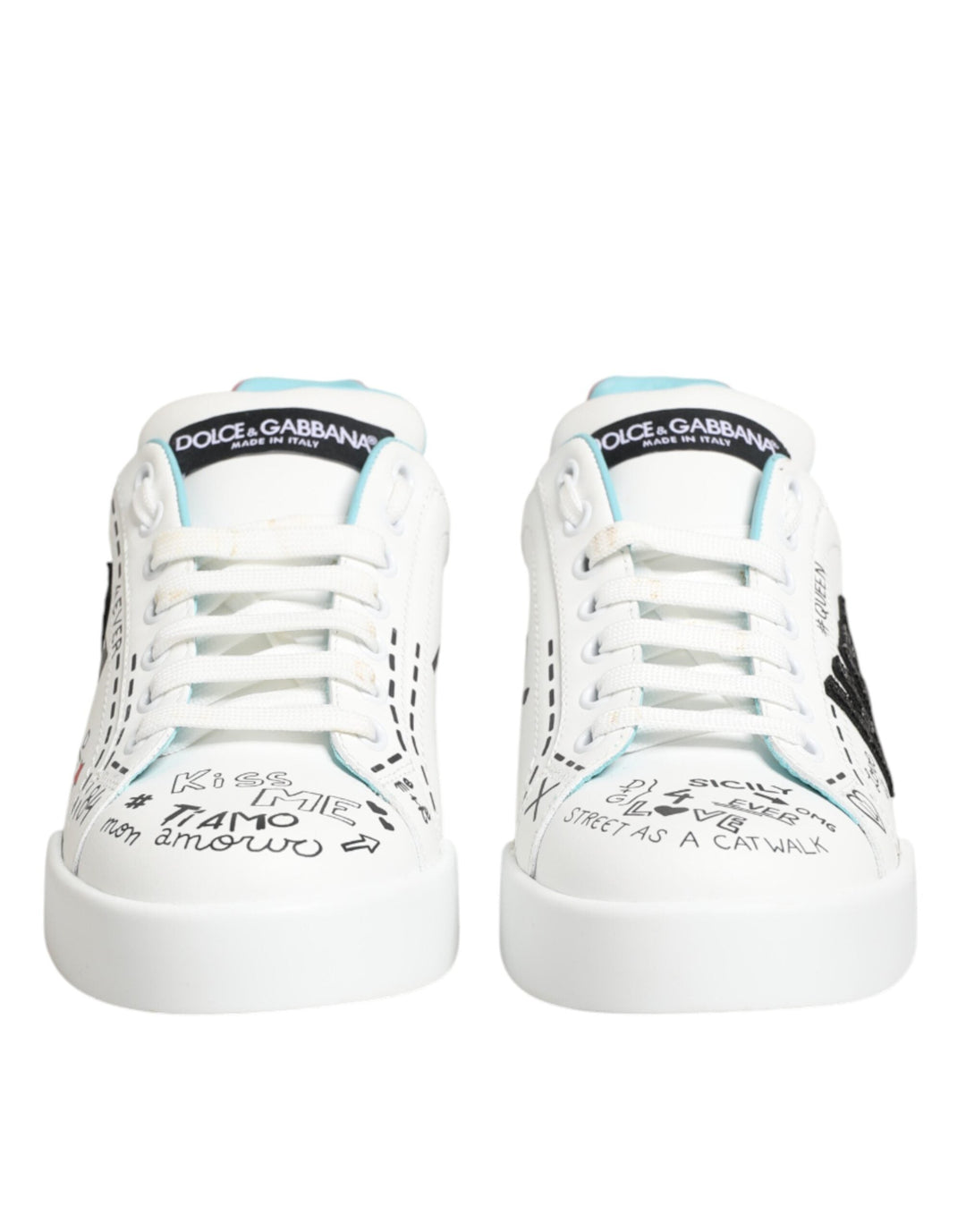 Dolce &amp; Gabbana White Leather Graffiti Low Top Sneakers Shoes