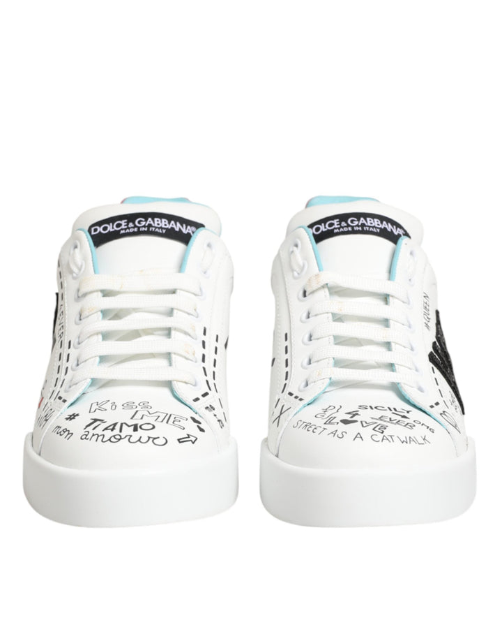 Dolce &amp; Gabbana White Leather Graffiti Low Top Sneakers Shoes