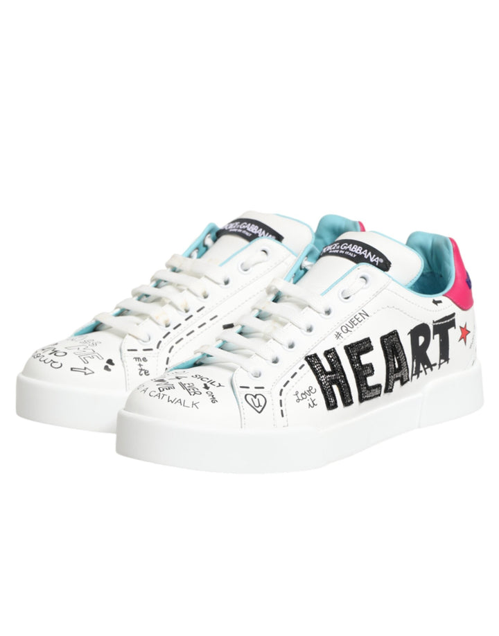 Dolce &amp; Gabbana White Leather Graffiti Low Top Sneakers Shoes