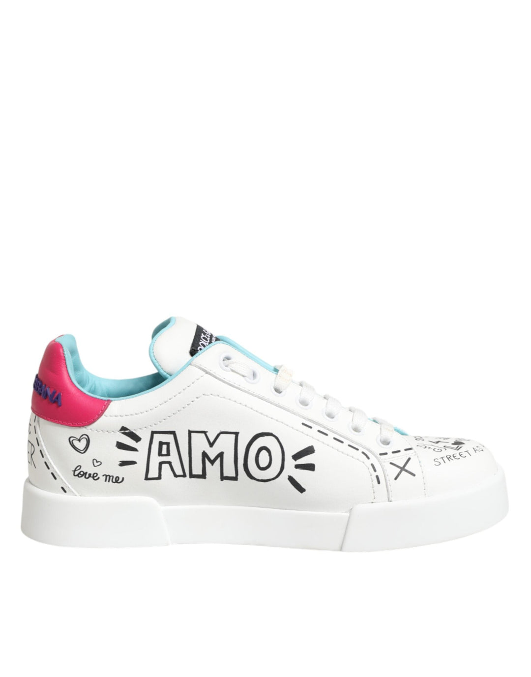 Dolce &amp; Gabbana White Leather Graffiti Low Top Sneakers Shoes