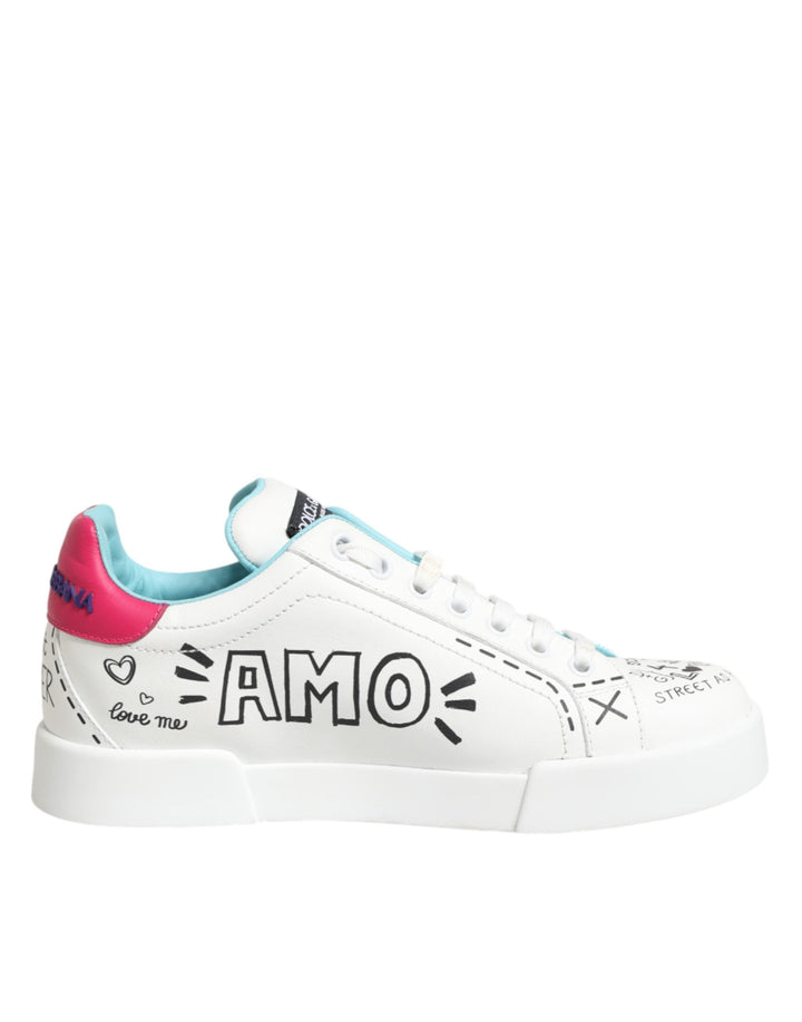 Dolce &amp; Gabbana White Leather Graffiti Low Top Sneakers Shoes