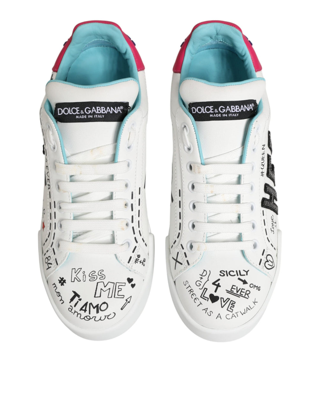 Dolce &amp; Gabbana White Leather Graffiti Low Top Sneakers Shoes