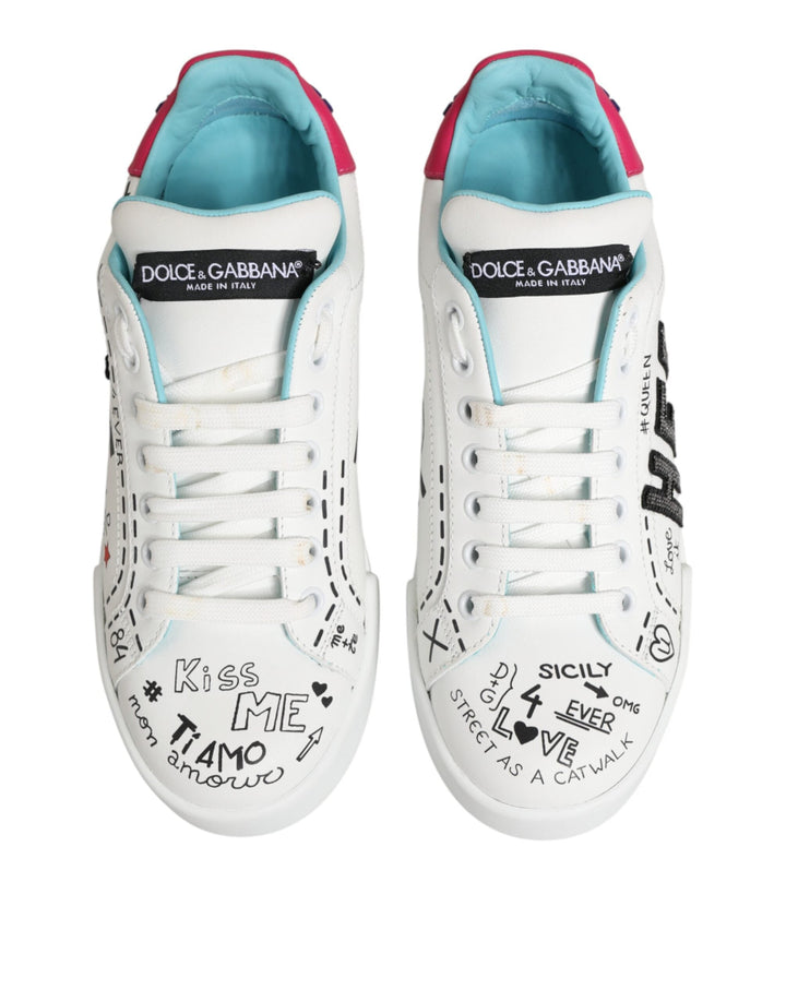 Dolce &amp; Gabbana White Leather Graffiti Low Top Sneakers Shoes