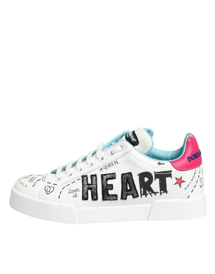 Dolce &amp; Gabbana White Leather Graffiti Low Top Sneakers Shoes