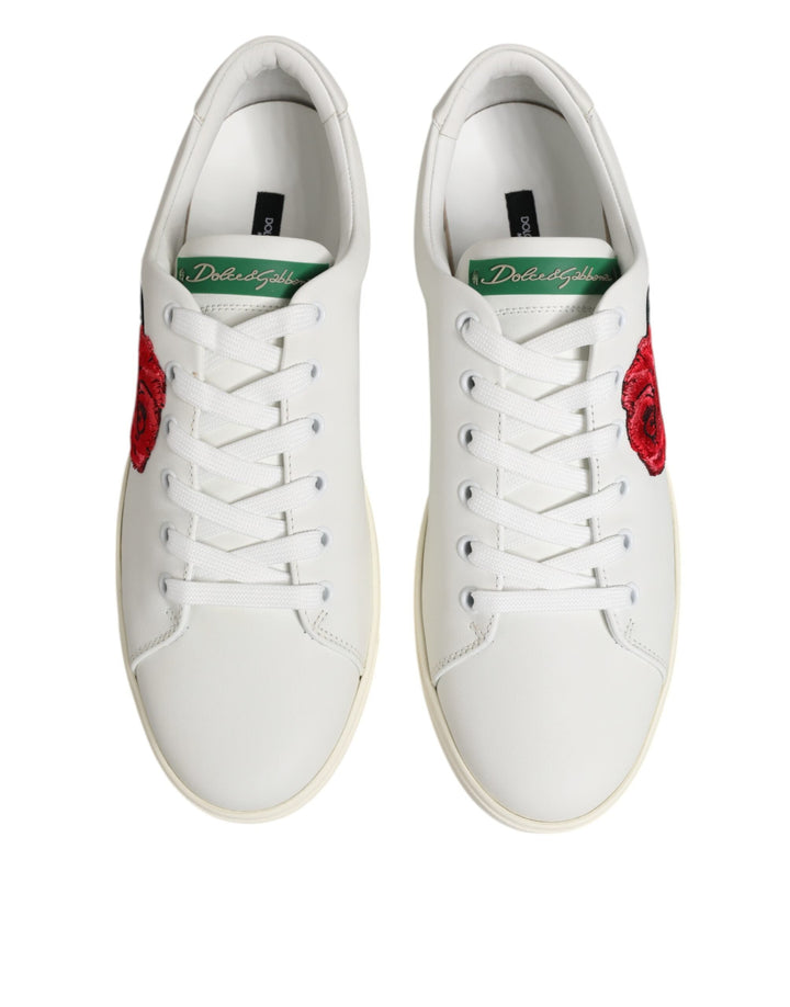 Dolce &amp; Gabbana White Leather Rose Embroidery Low-Top  Shoes
