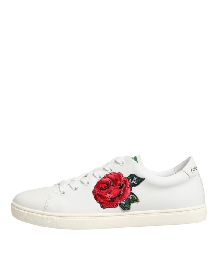Dolce &amp; Gabbana White Leather Rose Embroidery Low-Top  Shoes