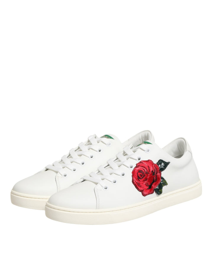 Dolce &amp; Gabbana White Leather Rose Embroidery Low-Top  Shoes
