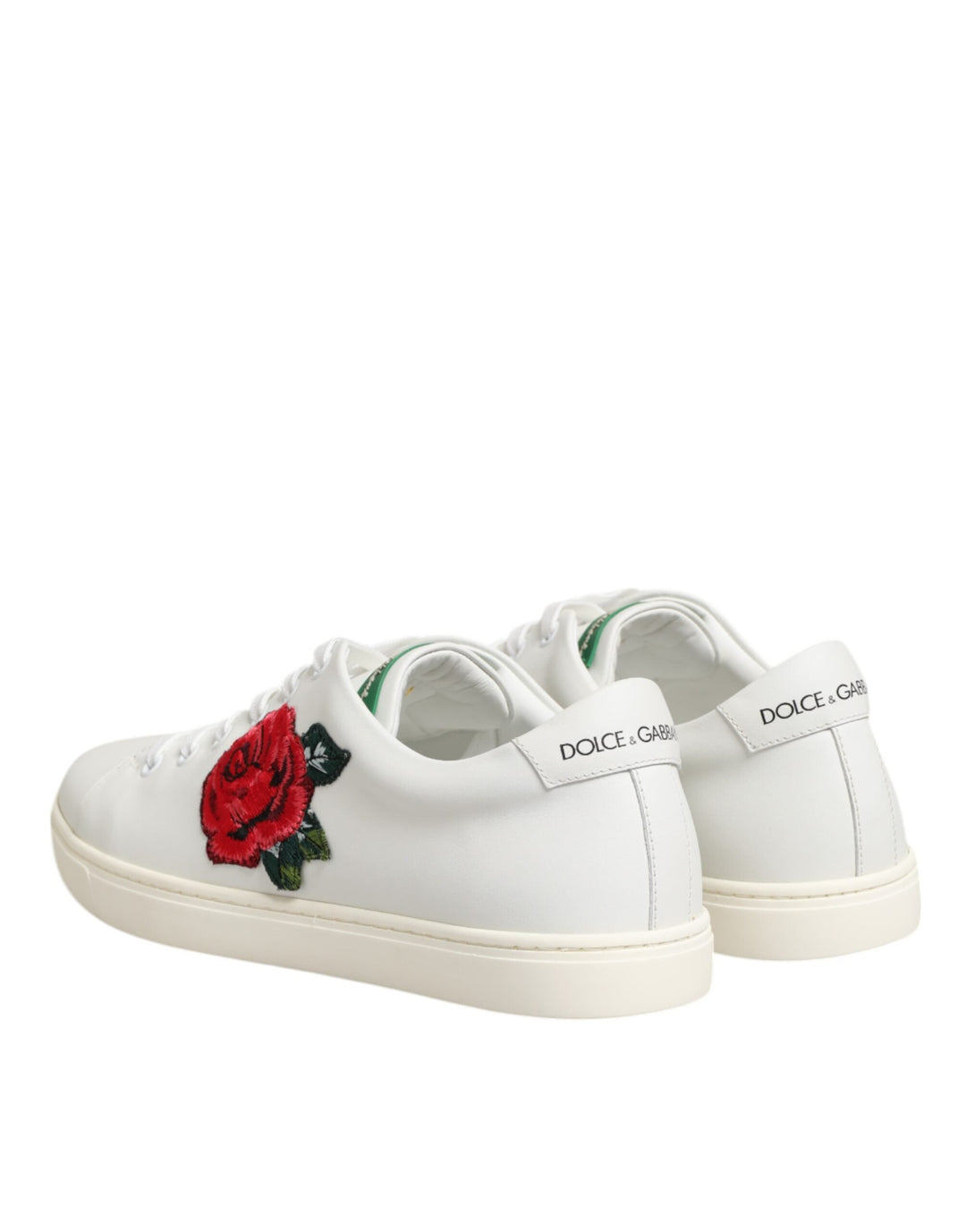 Dolce &amp; Gabbana White Leather Rose Embroidery Low-Top  Shoes
