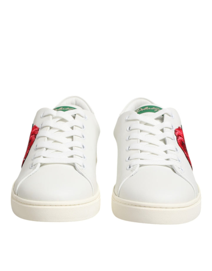 Dolce &amp; Gabbana White Leather Rose Embroidery Low-Top  Shoes