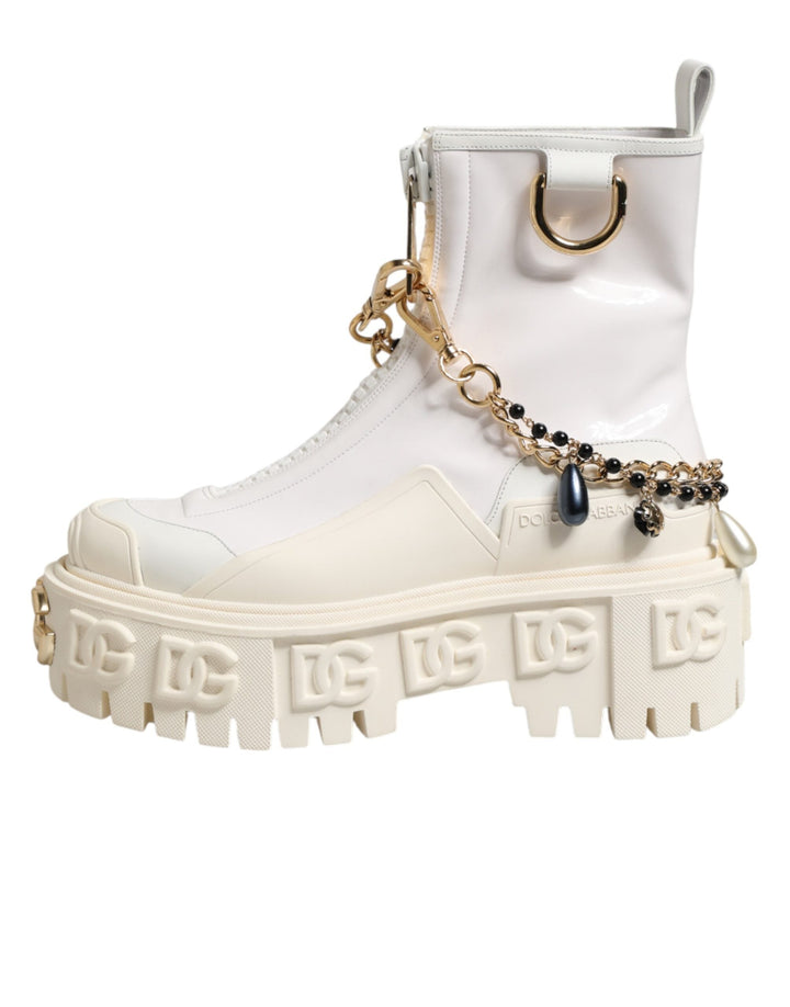 Women’s Dolce &amp; Gabbana White Leather Rubber Logo Ankle Boots Shoes