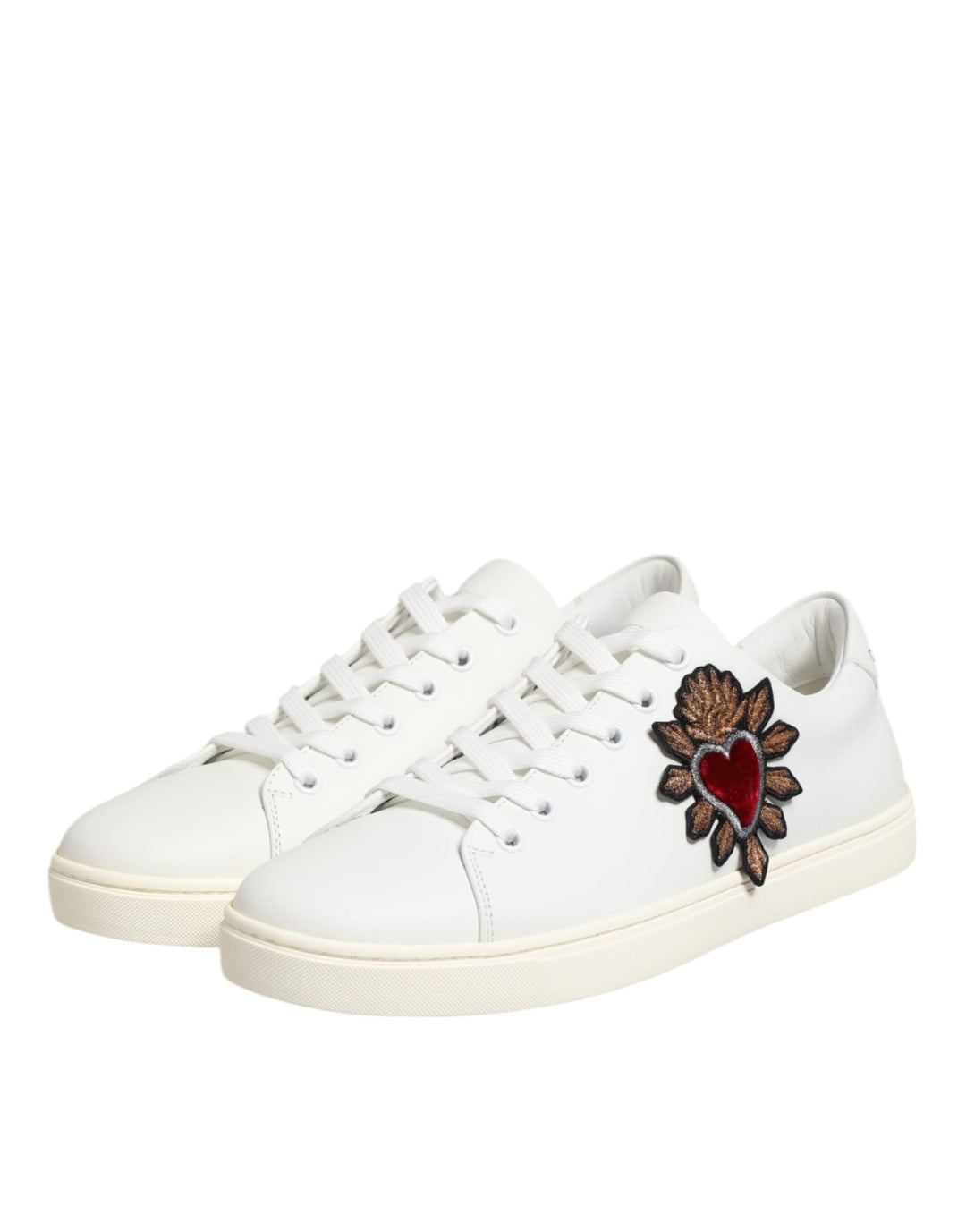 Dolce &amp; Gabbana White Leather Sacred Heart Patch Sneakers Shoes