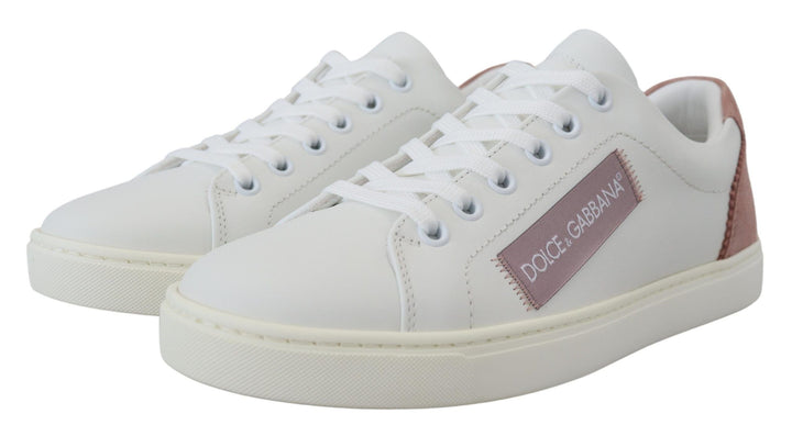 Dolce &amp; Gabbana White Pink Leather Low Top Sneakers Shoes