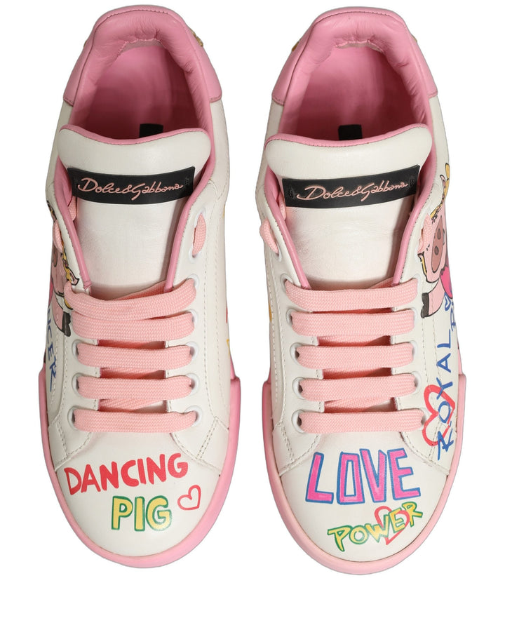 Dolce &amp; Gabbana White Pink Portofino Royal Pig Sneakers Shoes