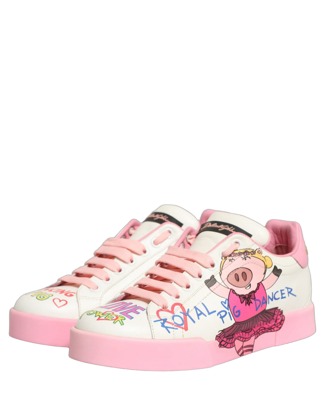 Dolce &amp; Gabbana White Pink Portofino Royal Pig Sneakers Shoes