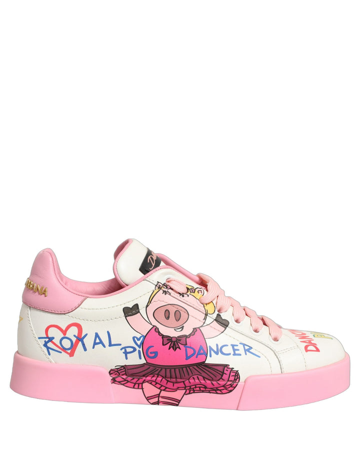 Dolce &amp; Gabbana White Pink Portofino Royal Pig Sneakers Shoes
