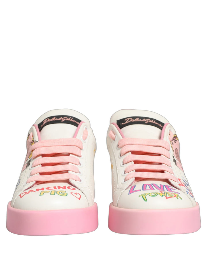 Dolce &amp; Gabbana White Pink Portofino Royal Pig Sneakers Shoes