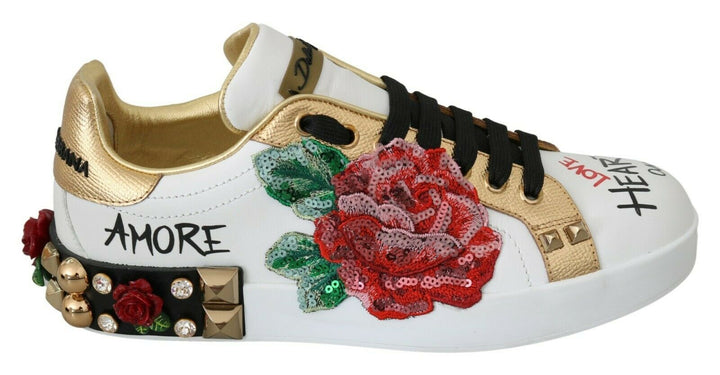 Dolce &amp; Gabbana White Roses Sequined Crystal Womens Sneakers Shoes
