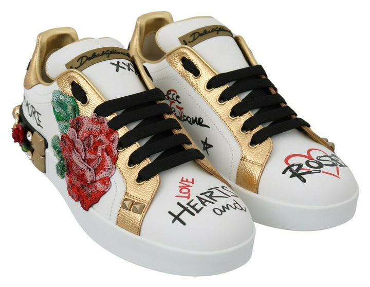 Dolce &amp; Gabbana White Roses Sequined Crystal Womens Sneakers Shoes