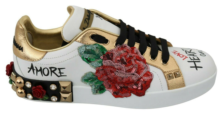 Dolce &amp; Gabbana White Roses Sequined Crystal Womens Sneakers Shoes