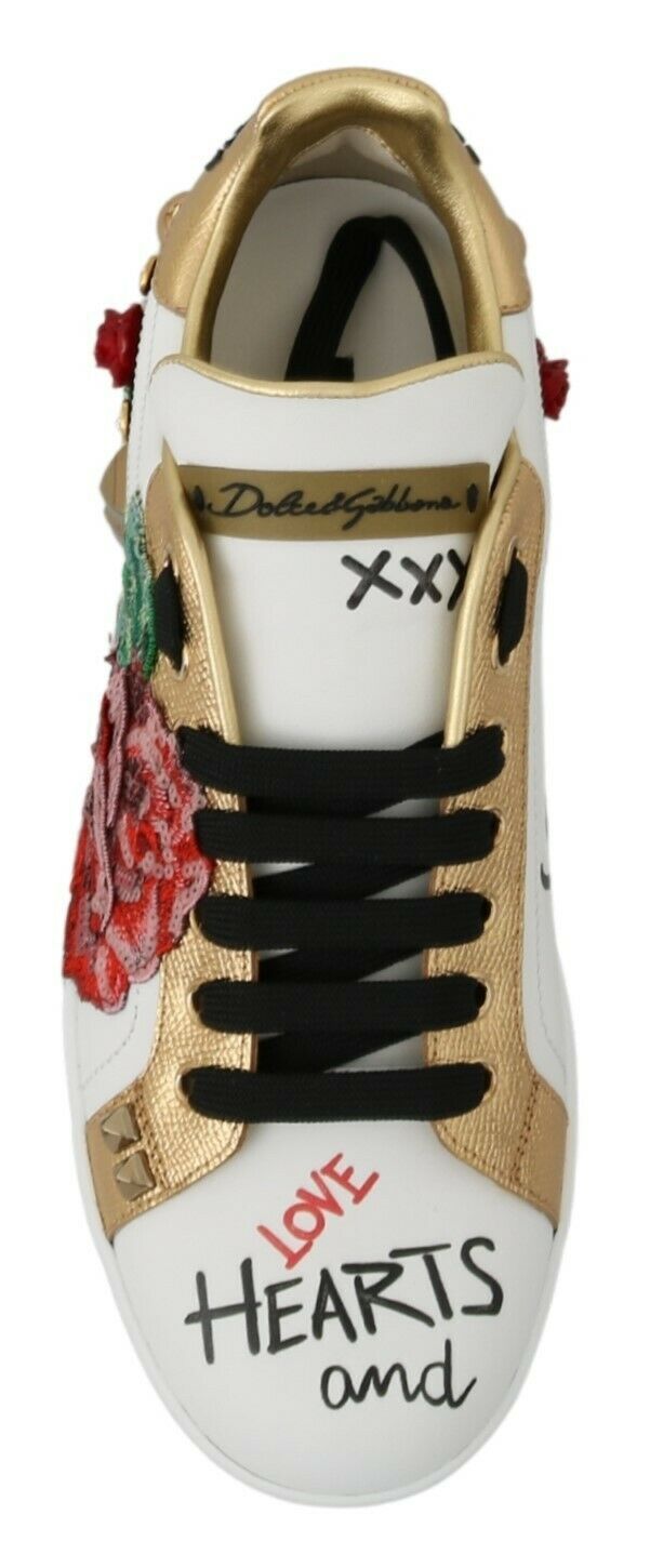 Dolce &amp; Gabbana White Roses Sequined Crystal Womens Sneakers Shoes