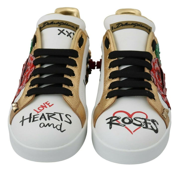 Dolce &amp; Gabbana White Roses Sequined Crystal Womens Sneakers Shoes