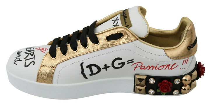 Dolce &amp; Gabbana White Roses Sequined Crystal Womens Sneakers Shoes