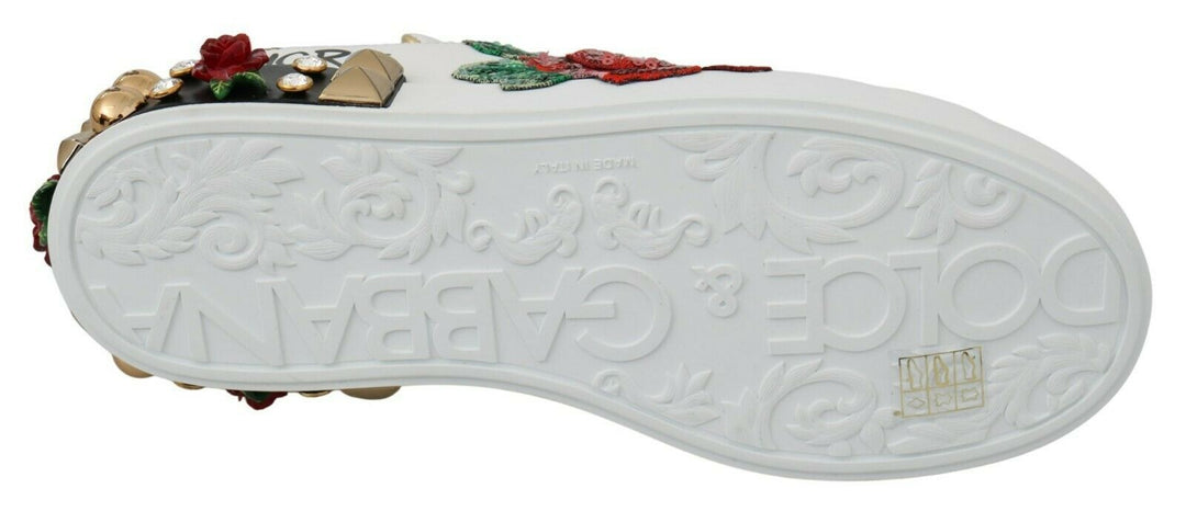 Dolce &amp; Gabbana White Roses Sequined Crystal Womens Sneakers Shoes
