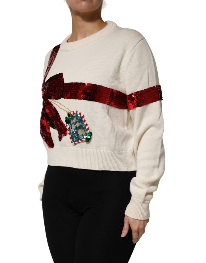 Women’s Dolce &amp; Gabbana White Sequined Crew Neck Pullover Sweater