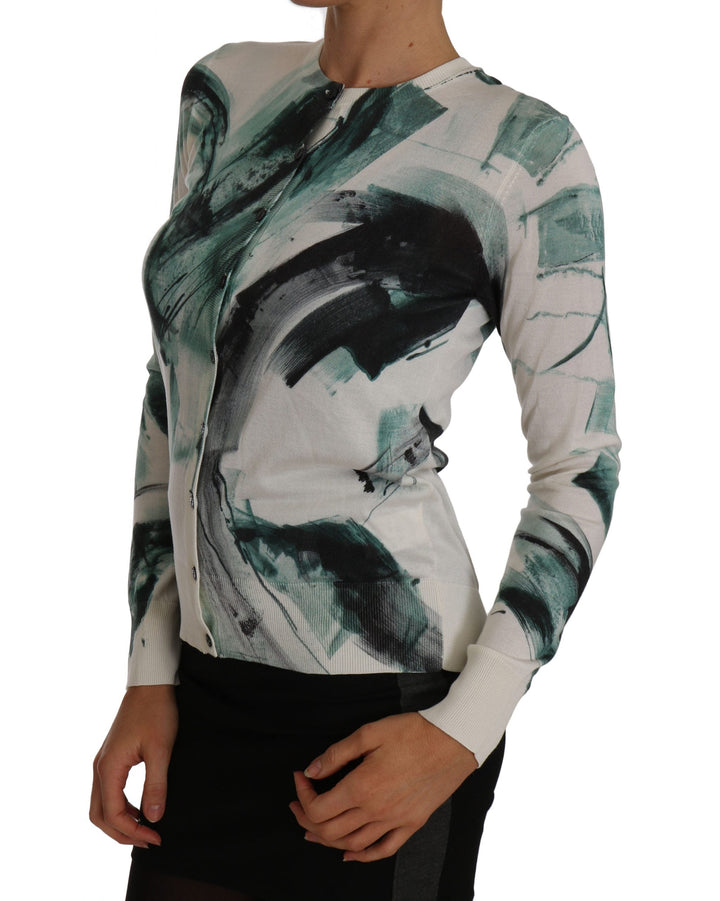 Women’s Dolce &amp; Gabbana White Silk Cardigan Lightweight Paint Stroke Sweater
