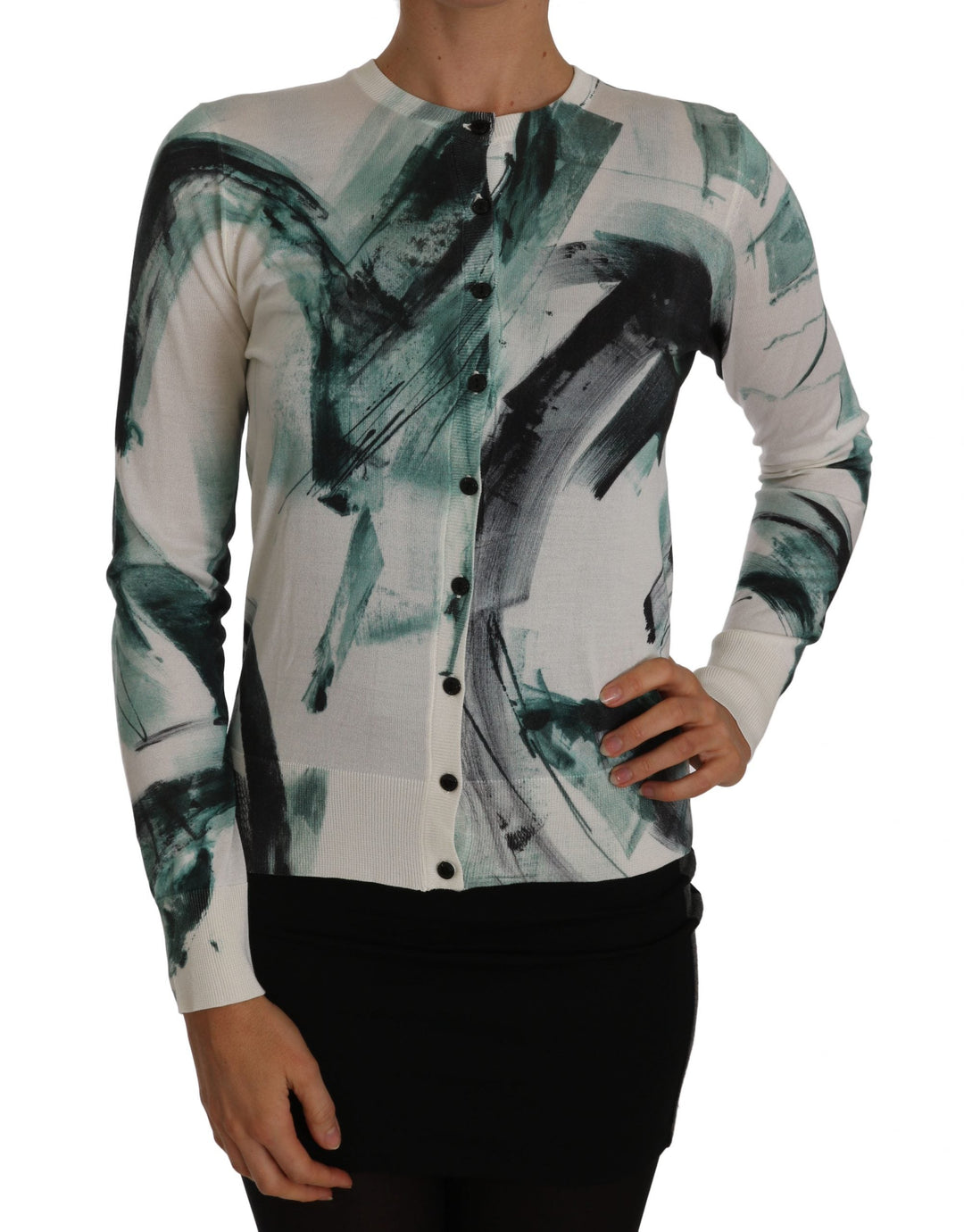 Women’s Dolce &amp; Gabbana White Silk Cardigan Lightweight Paint Stroke Sweater