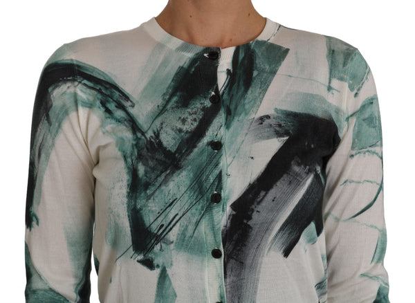 Women’s Dolce & Gabbana White Silk Cardigan Lightweight Paint Stroke Sweater